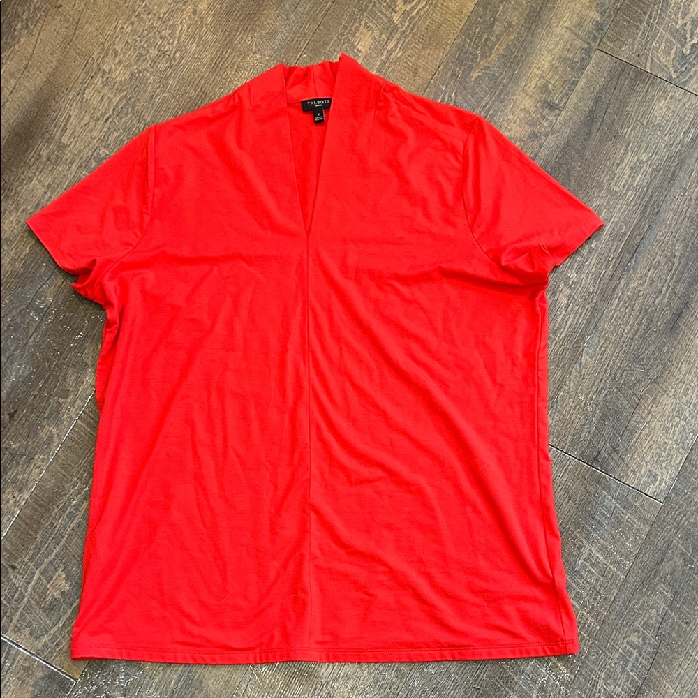Talbots Womens Blouse‎ Shirt Large X Red Short Sleeves V-Neck Pullover Stretch